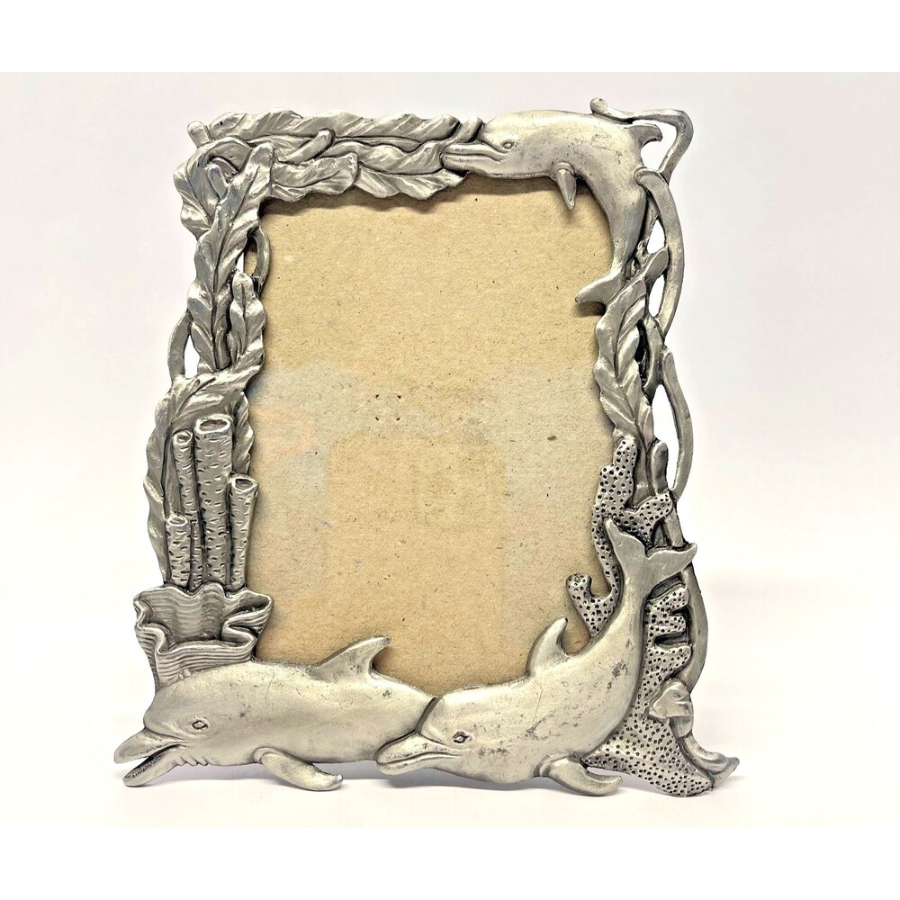 Vintage Dolphin Seascape - Sun Pewter Tone Rectangle 3.5x5 Picture Frame-Taiwan